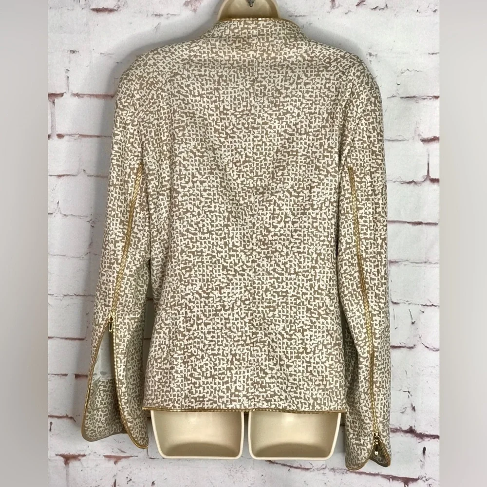 ESCADA M Tan & Cream print Gold Zipper detail Moto vibe Size EU 44 jacket blazer - Picture 4 of 15